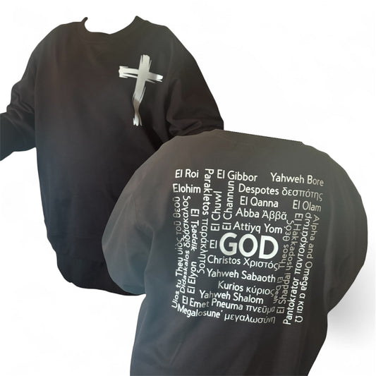 “Names of God” Faith Sweatshirt – Christian Crewneck with Cross Design