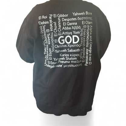 “Names of God” Faith Sweatshirt – Christian Crewneck with Cross Design